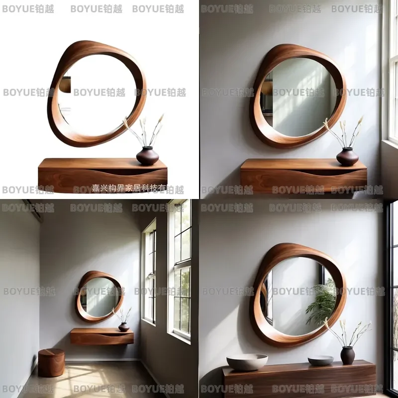 Zen Medieval New Chinese Style Solid Wood Irregular Wall Mirror Full Length Decorative Hanging Glass for Living Room Home