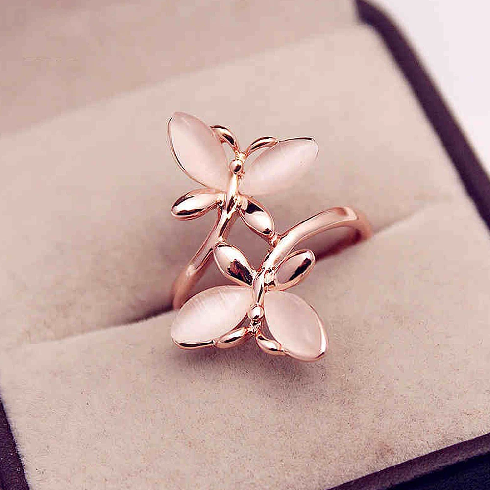 Huitan Aesthetic Pink Butterfly Finger Ring for Women Rose Gold Color Exquisite Accessories Party Fancy Gift Statement Jewelry