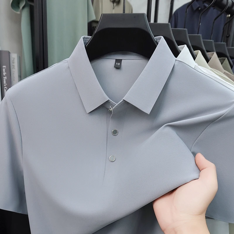 Trend classic solid color short sleeve polo shirt high-end men's summer new luxury ice silk breathable casual versatile T-shirt