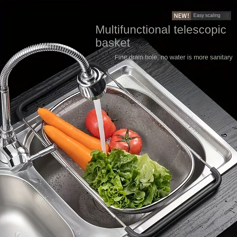 

Adjustable Stainless Steel Sink Strainer and Fruit Vegetable Washing Basket - Multifunctional Kitchen Tool Set