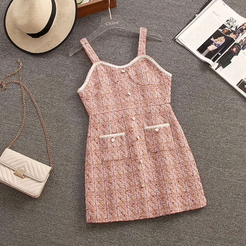 2022 Autumn Winter New Dress Suits Women\'s Vintage Tweed Jacket Coat + Slim Suspenders Short Dress Two-piece Sets Lady Outfit