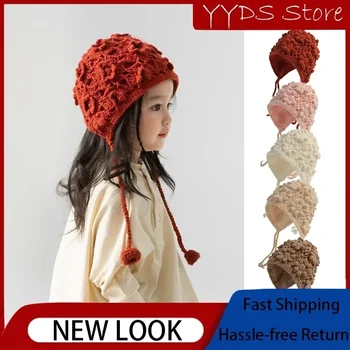 빈티지 꽃 어린이 모자 가을 겨울 Openwork 꽃 비니 소녀 손 니트 프린지 스트랩 귀 보호 공주 모자