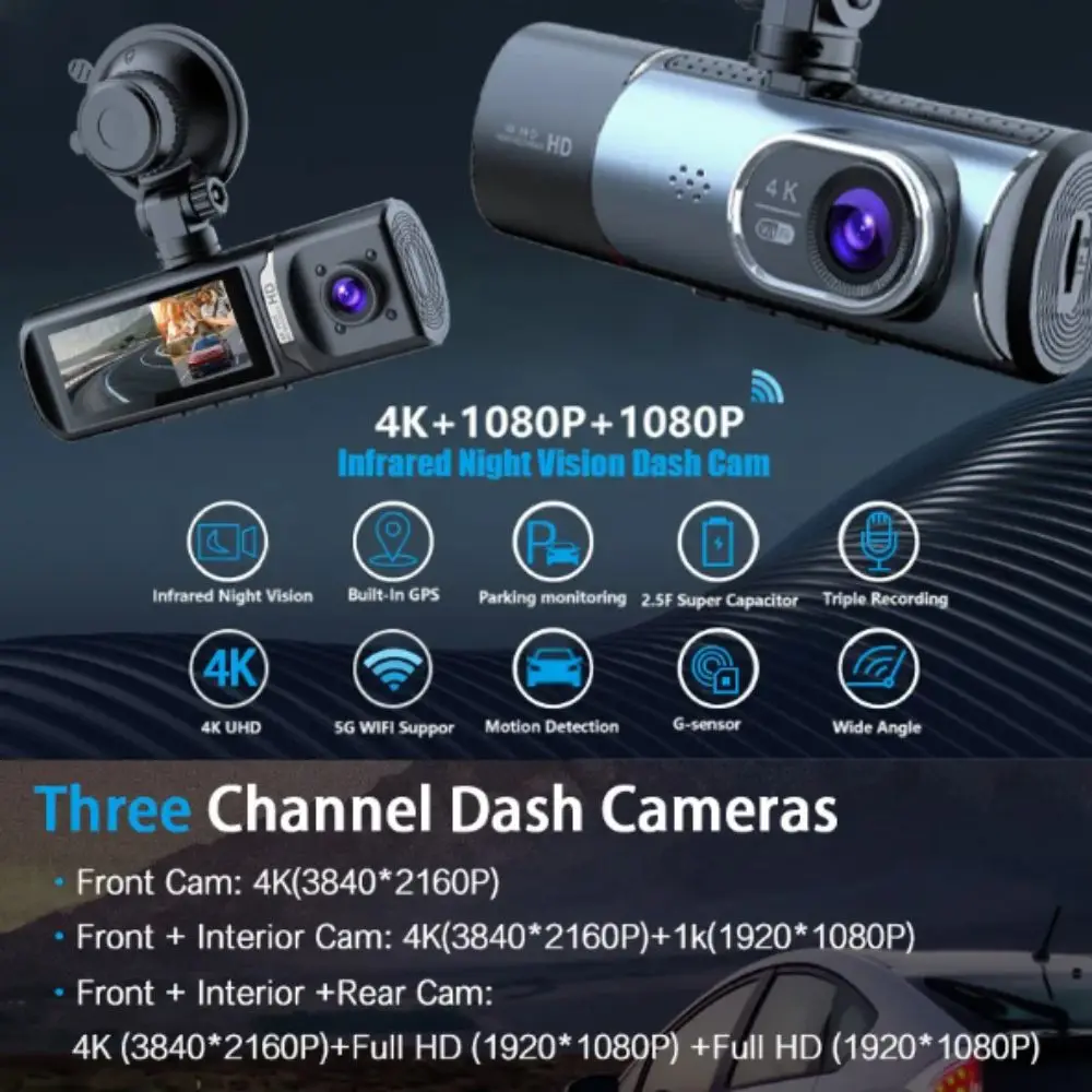 4K Ultra HD Dash Cam Starlight Night Vision Loop Video Video Recorder Dual Channel Three Way Driving Recorder Driving Recording