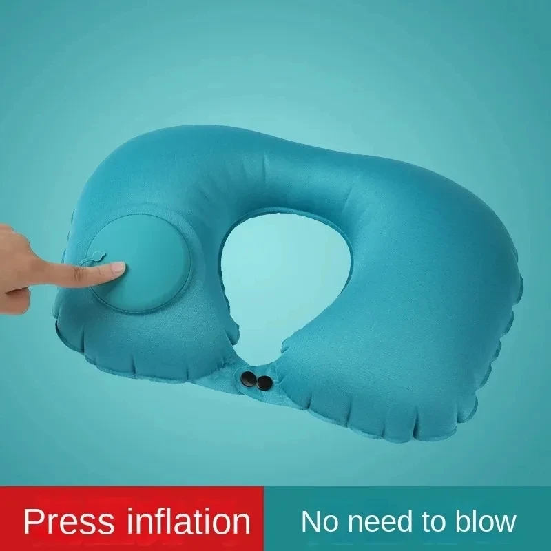 Green Inflatable U-shaped Pillow Press Automatic Inflatable Portable Travel Neck Protection Pillow Aircraft Pillow Outdoor Trave