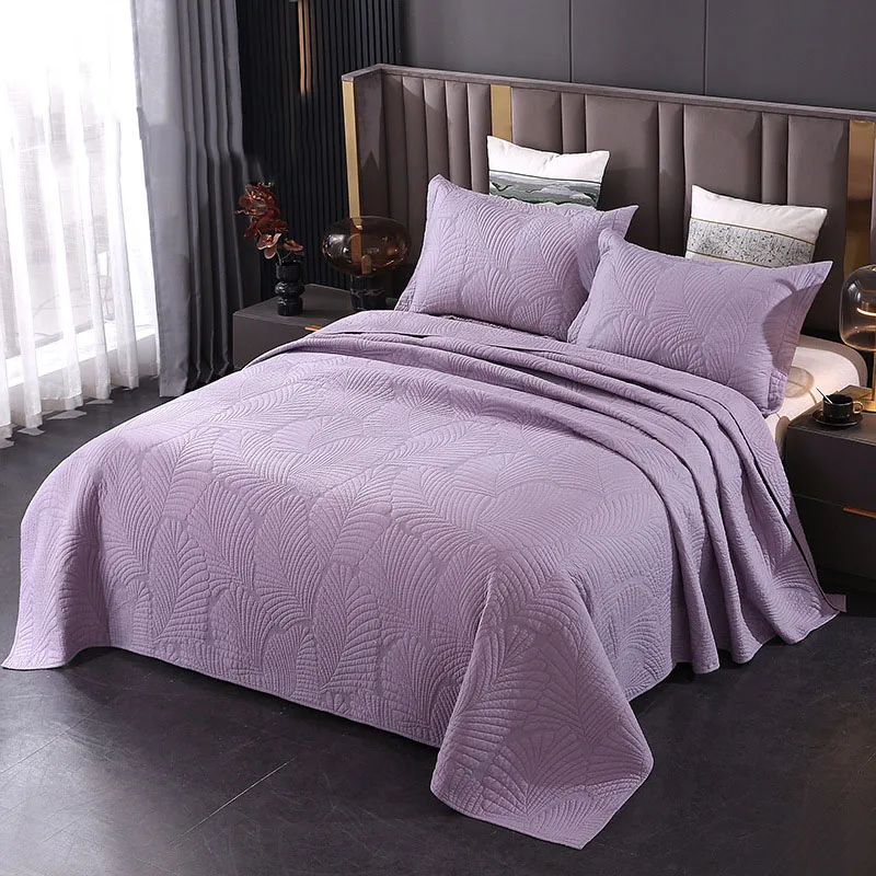 

Solid Color Reversible 100% Cotton Quilt Bedspread Set with Palm Leaf Embroidery - All-Season 3-Piece Set Summer Comforter