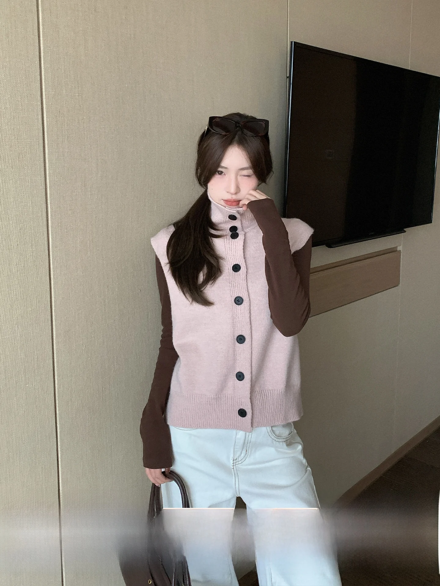 

Morning Bloom Pink High Collar Knitted Vest Women's Winter Two-Way Wear Sweater Vest Layered Top Casual Korean Sle Loose Fit