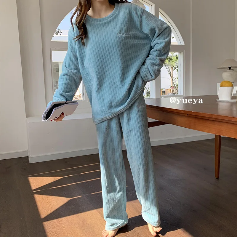 Women\'s Warm Flannel Pajamas Sets Two-piece Coral Fleece Homewear Autumn Winter Loose Casual Striped Simple Cozy Pajamas