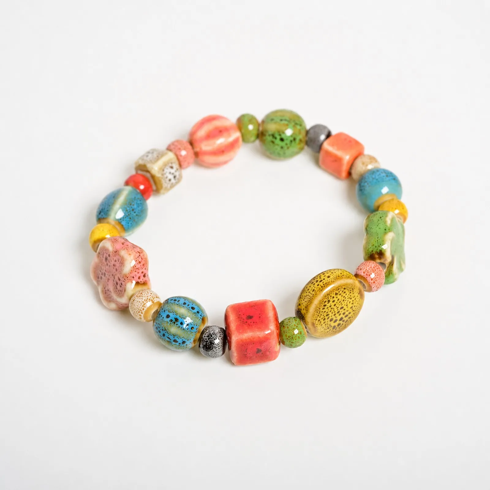 Handmade Colorful Ceramic Bead Bracelet with Elastic Cord Handwoven Flower Beads Artisanal Jewelry Style Y260714-10