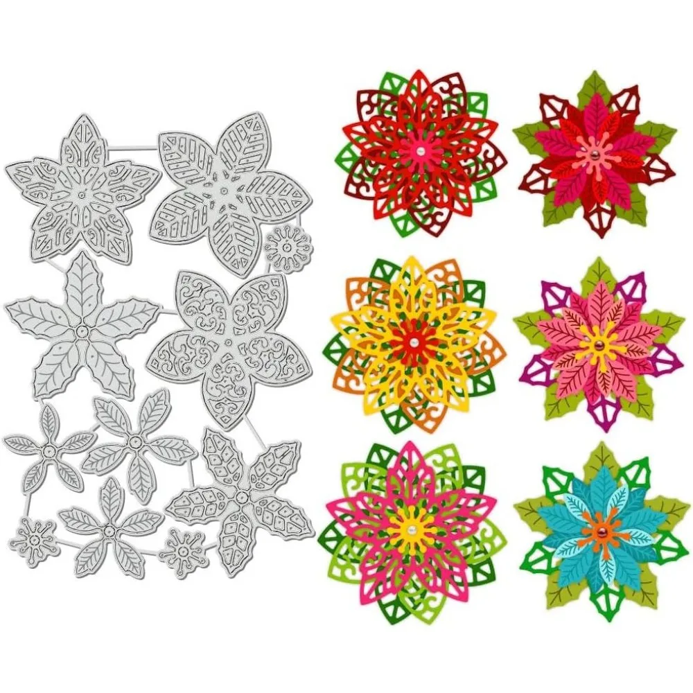 Matrices de découpe en acier au carbone 3D motif fleur de Noël, 6,4x4,3 pouces, thème festivals, pochoirs de gaufrage pour la création, épaisseur 0,08 cm