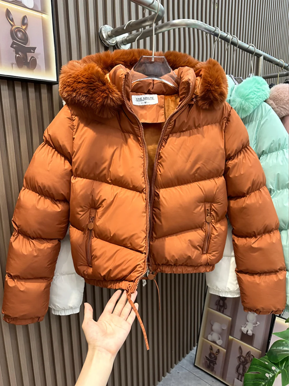 Women\'s Cotton Padded Coats Autumn Winter Fashion Solid Color Fur Collar Hooded Quilted Jackets Thick Warm Short Outerwear