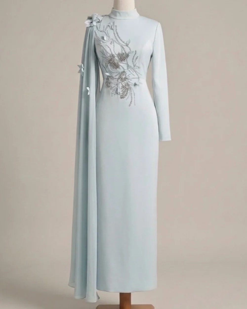 

Customized Elegant Women Jersey Rhinestone Handmade Flower Straight Evening Dresses Classic High Collar Long Sleeves Party Gowns