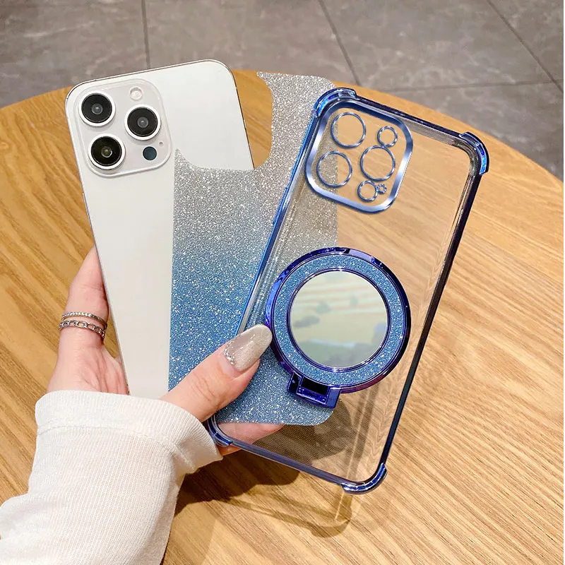 Four Corners Shockproof Glitter Case for Tecno Spark Slim Magnetic Mirror Holder Silicone Case for Tecno Pova Slim Stand Shell - view 6