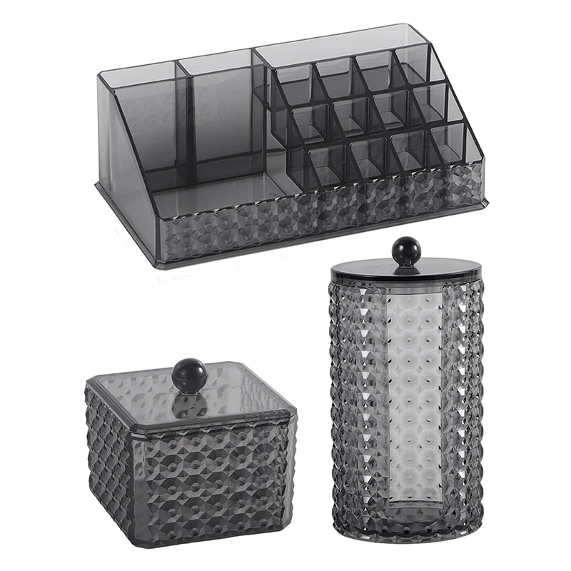 Elegant Black Acrylic Cosmetic Storage Box Diamond Pattern Cotton Swab Container Cotton Pad Lipstick Jewelry Storage Organizer