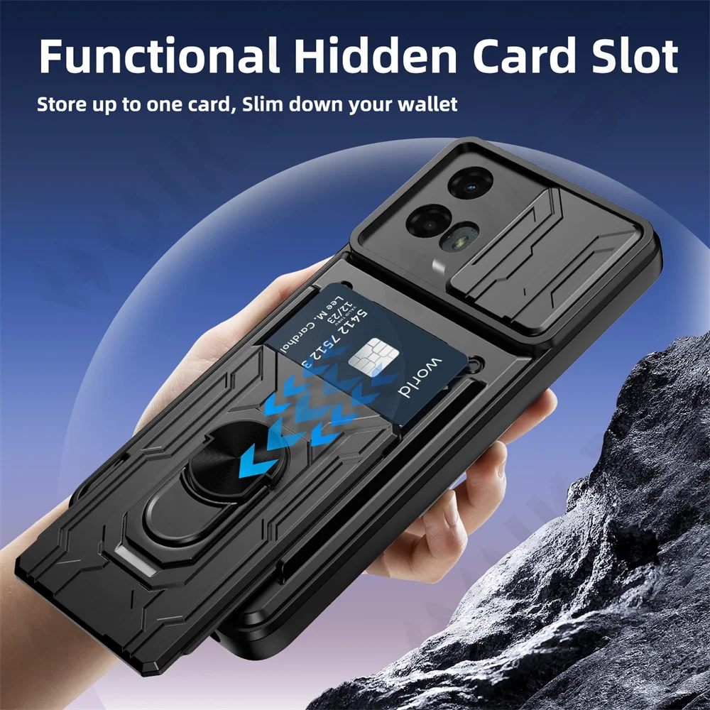 Case For Motorola Moto Edge 50 Pro 40 Neo G84 G54 4G Pro G73 G72 G53 Card Holder Slide Camera Ring Stand Armor Kickstand Cover