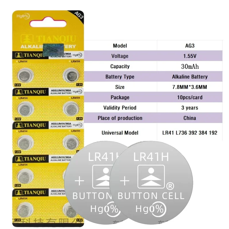 

6-120PCS AG3 LR41 Button Batteries SR41 392 192 Cell Coin 1.55V Alkaline Battery L736 384 SR41SW CX41 For Watch Toys Clock