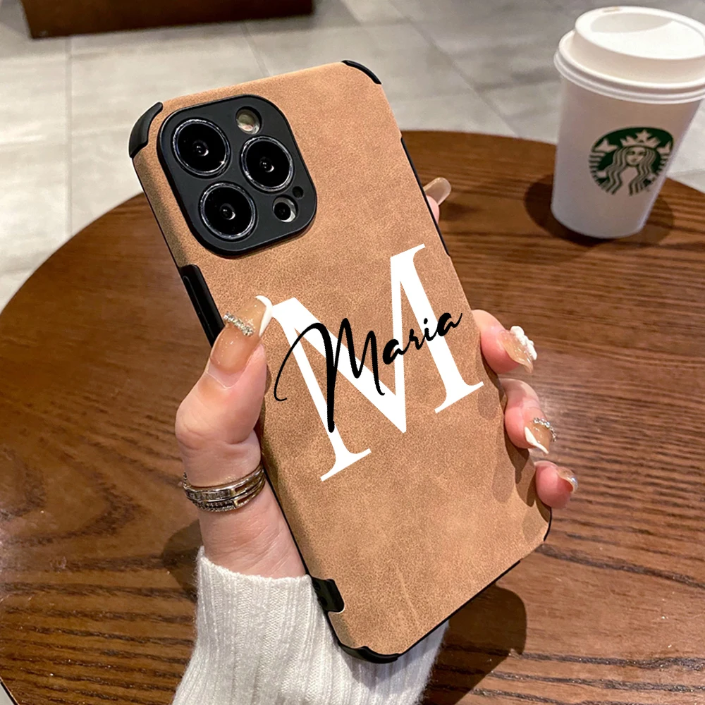 Custom Name Luxury Leather Phone Case for iPhone 14 13 12 11 Pro X XS Max XR 7 8 Plus Personalised Big Letters Shockproof Cover