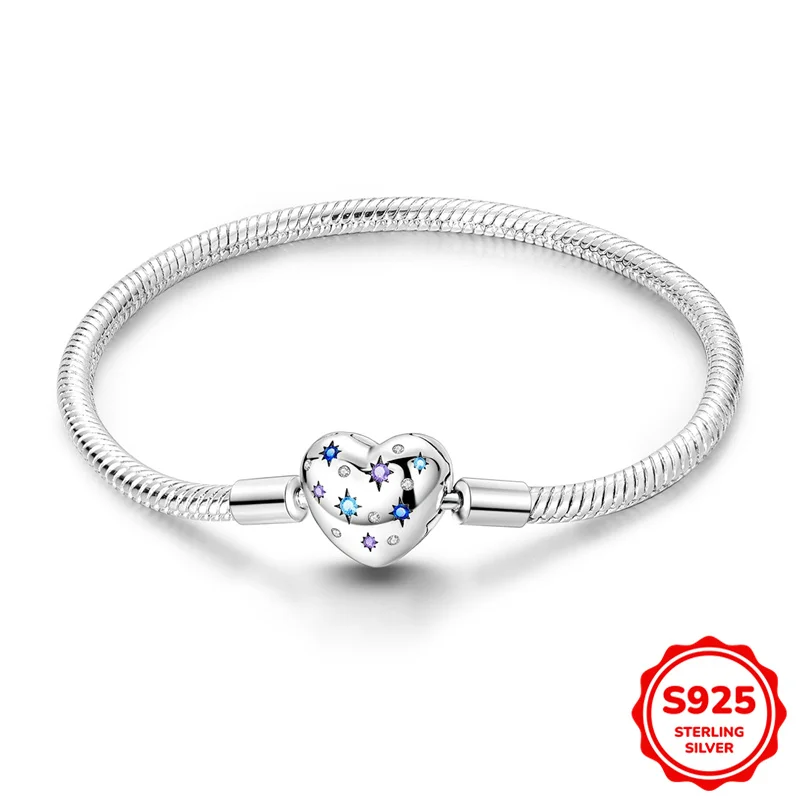 

Original 925 Sterling Silver Bracelet 17-20CM A Shining Heart Snake Bone Chain Bracelet Fit Charms Bead Fashion Women Jewelry