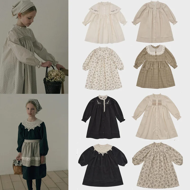 Vestido para niñas, otoño 2025 Lou, vestido de princesa de manga larga para niñas, vestidos de Hermanas del Palacio bordados florales a rayas, Jersey
