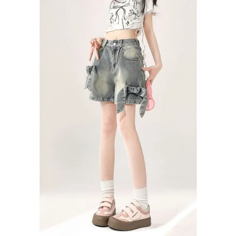Distressed Bow Denim Shorts Women's High Street A-line Wide-leg Loose Straight Casual Hot Pants