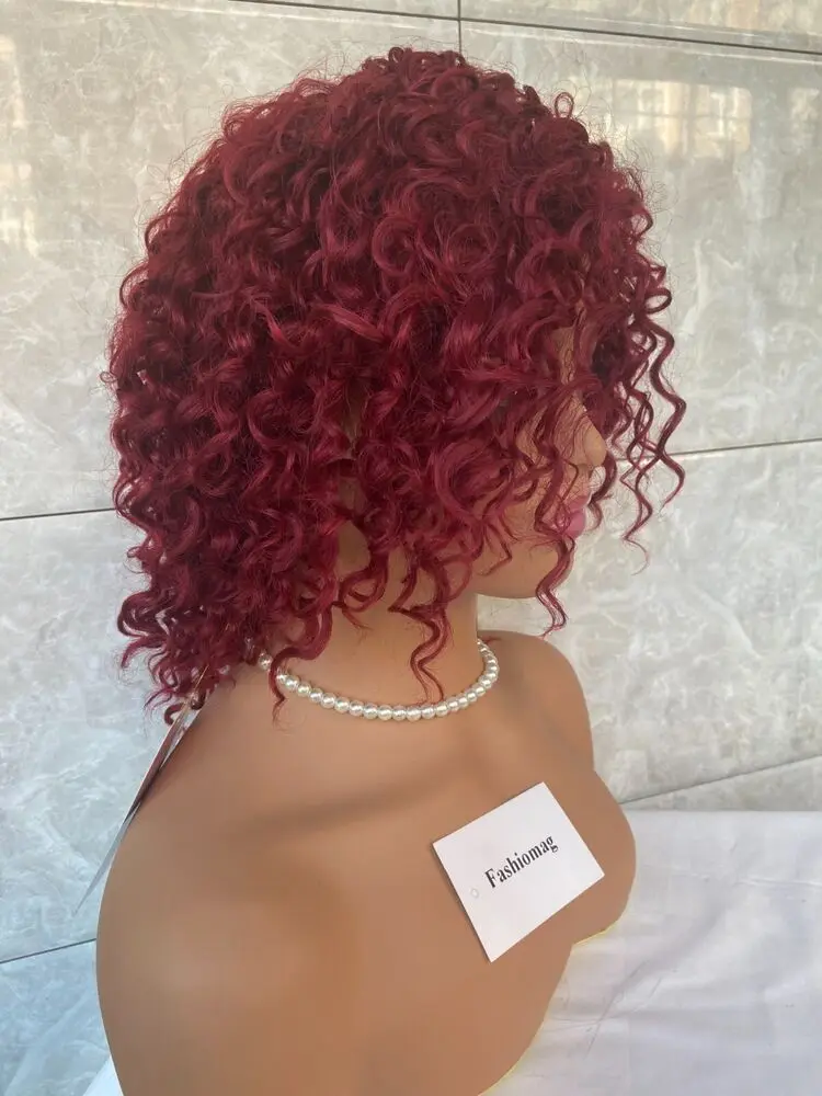 Medium Kinky Curly Burgundy Red Human Hair Blend Heat Ok Synthetic  Women Natural Wig