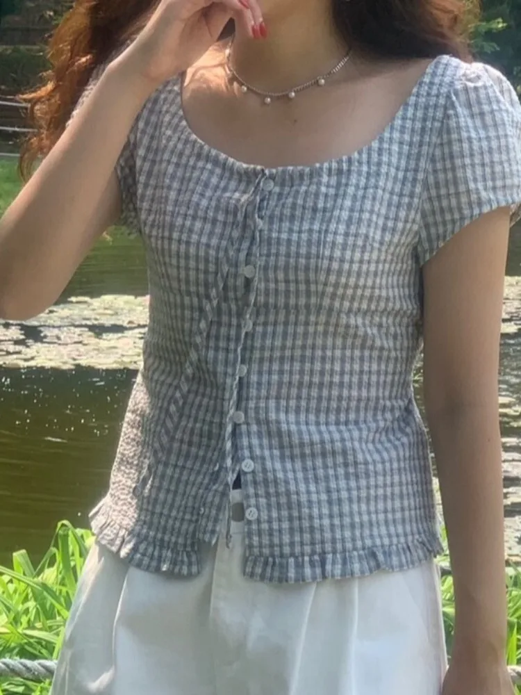 

Chic Plaid irt Women's Summer 2025 New Fre Cute Wood ain Ruffle Single Button ort Sve Top Ele Faionable