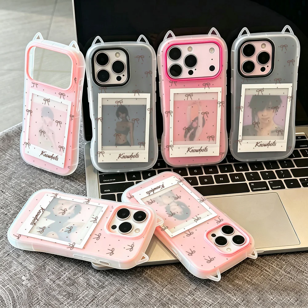 Brown Bow 3D Cat Ears Phone Case For iPhone 18 Pro Max 17 Pro Max 16 15 Pro Max 14 13 12 11 TPU 2 In 1 Cover Holds postcards