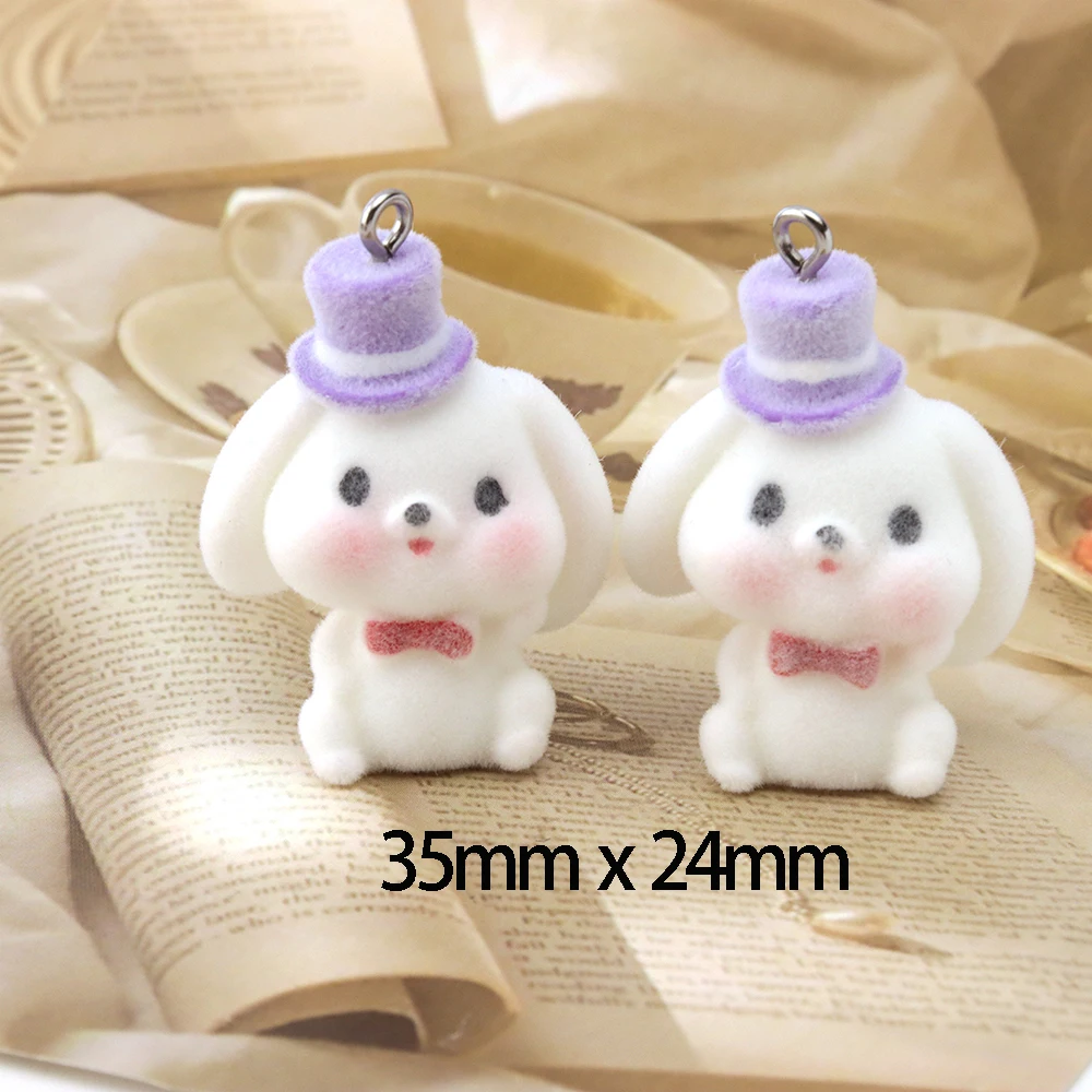 20pcs 3D Flocking Resin Crown Rabbit Charms Suffed Animal Doll Bunny Drumming Pendant for Keychain Earrings Making DIY Wholesale