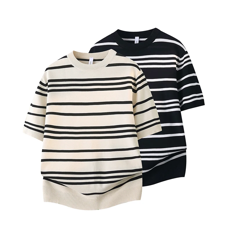 Men's Striped Breathable O-Neck Short Sleeve Knit T-Shirt Casual Versatile Fashion Business Breathable Outdoor-Homewear Tops