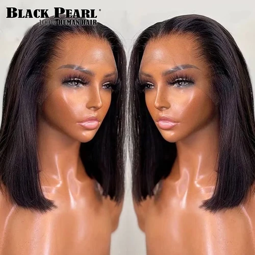 Imagen 2 del producto Pelucas brasileñas de encaje frontal para mujeres negras, pelo corto Bob, 100% humano, HD, transparente, prearrancado con cabello de bebé, Perla Negra
