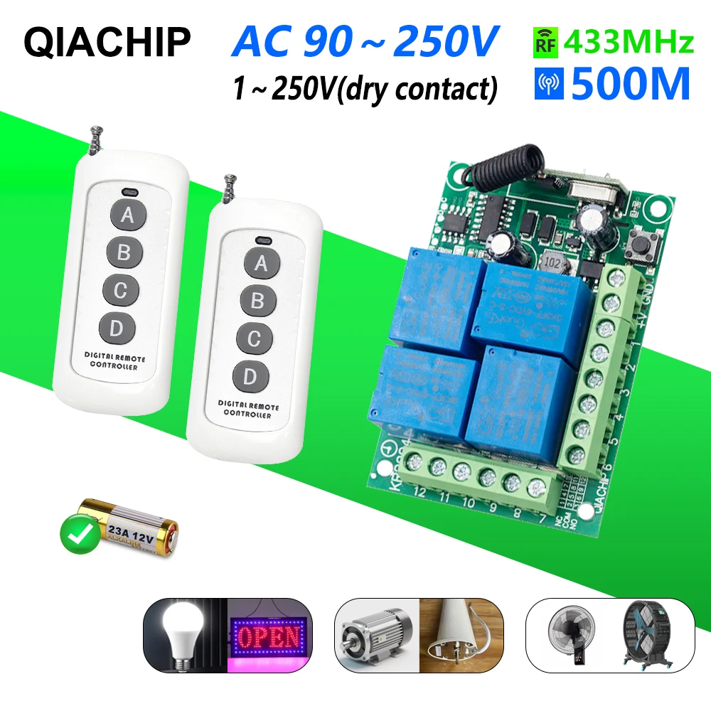 

433Mhz Dry Contact Relay AC 110V 220V Remote Control 4CH Relay Module Receiver 4B Transmitter For Garage Door Gate Motor Light
