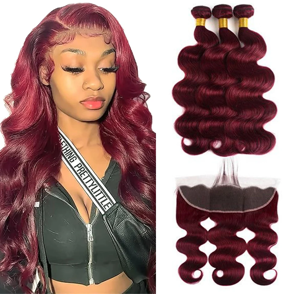 Burgundy Brazilian Human Hair Bundles With Frontal Body Wave Burgundy #99J 2/3/4 Bundles With 13x4 Lace Front Closure Human Hair