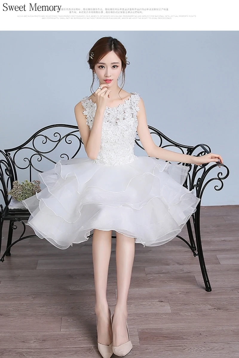 O10128 princesa vestidos de casamento curto noiva sem mangas na altura do joelho bolo em camadas vestido de baile para menina senhora vestido branco