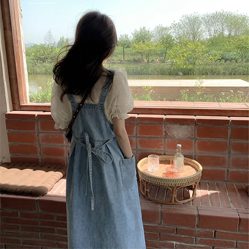 

2022 Summer Dresses Women Original Design Denim Suspender Dress New Fashion French Style Loose Slip Long Dress