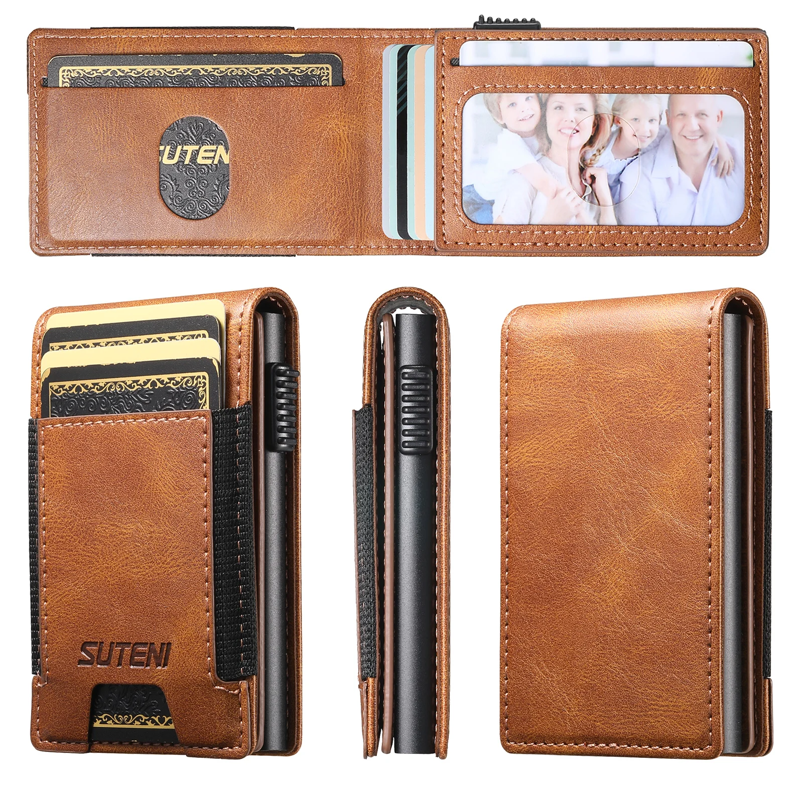 Leather Pattern RFID Blocking Push Out Card Purse for Men Wallet Cards Slot Case Pressing Button Automatically Ejects The Card
