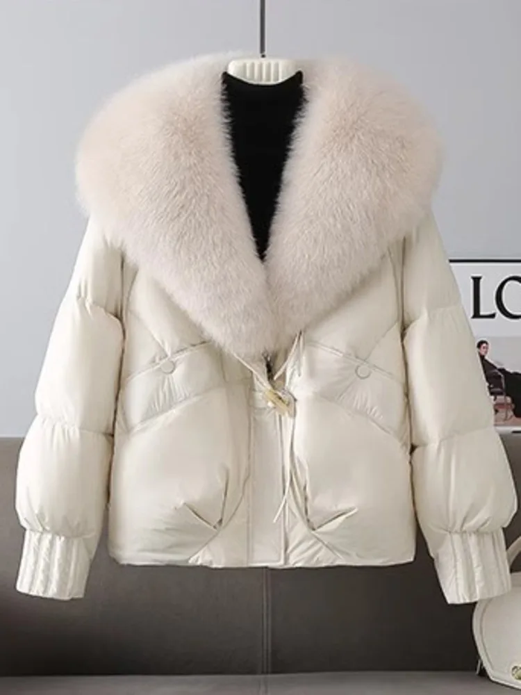 Moda jaqueta de inverno feminina 2025 novo coreano grande gola de pele grosso chique jaqueta de algodão parkas feminino casaco curto fino quente outerwear