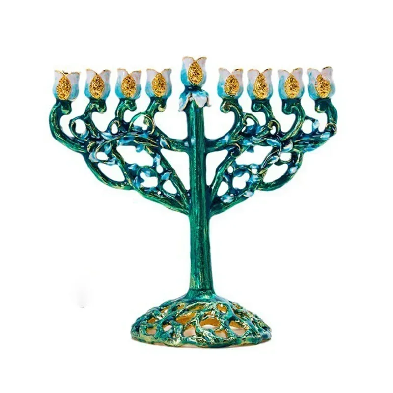 Metal Menorah 9 branches, Kosher Hand art Pink enamel craftsmanship, Jewish 7arms Hanukkah religious candlestick