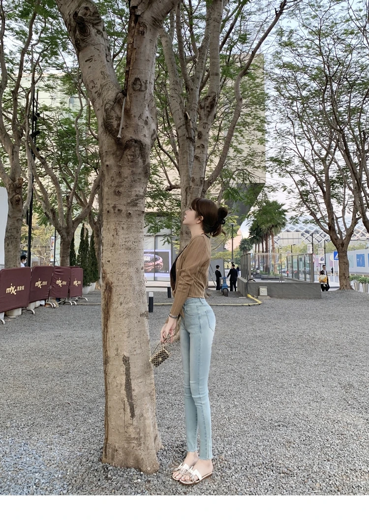 Faionable comfortabele lichtblauwe denim jeans dames lente zomer hoge taille slim fit enkellange strakke katoenen stretchjeans