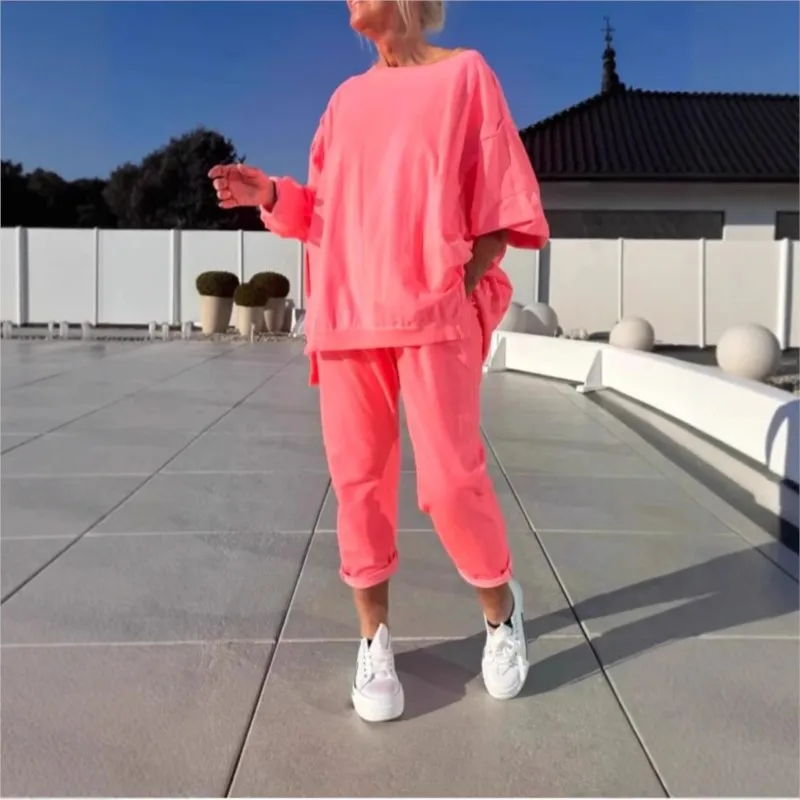 2025 Summer New Suit Casual Commuter Solid Color Round Neck Long Sleeve Top Sports Versatile Trousers Two-piece Set For Women