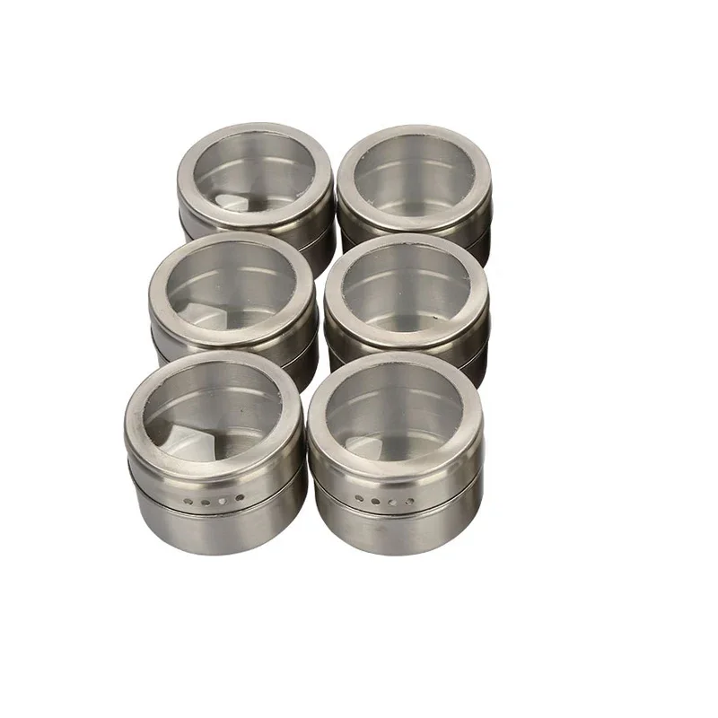 6pcs/set Magnetic Spice Tin Jar with Rack Stainless Steel Spice Sauce Storage Container Clear Lid Jars Kitchen Condiment