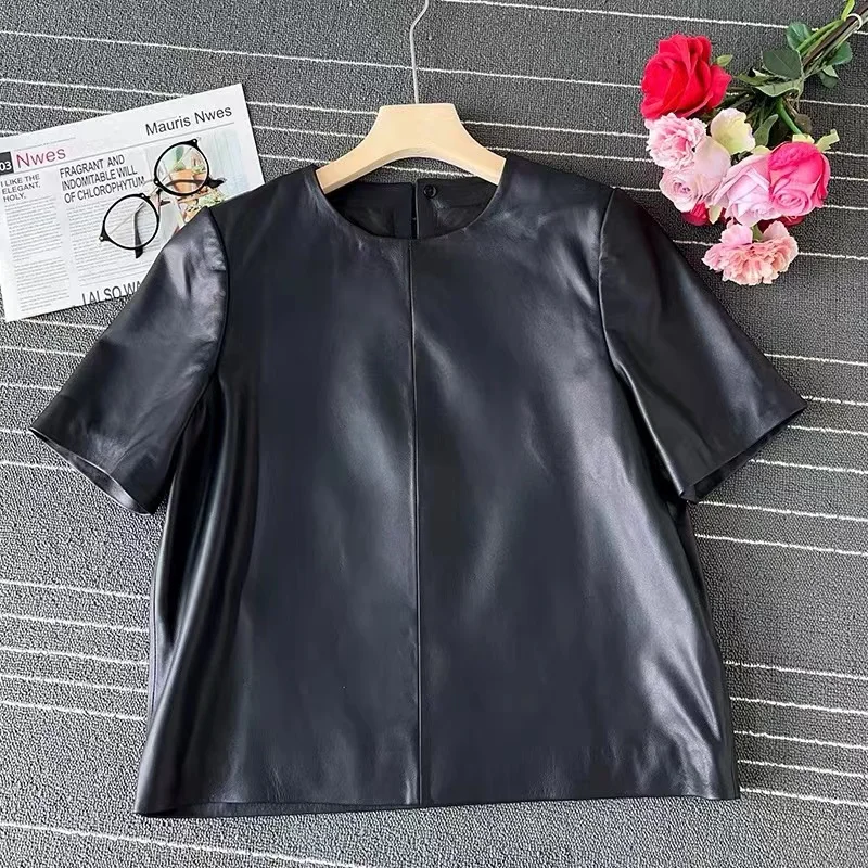 White Leather T-shirt For Women European Simple Style Genuine Sheepskin Short Sleeve Tops Casual Roupa Feminina Black Blusas