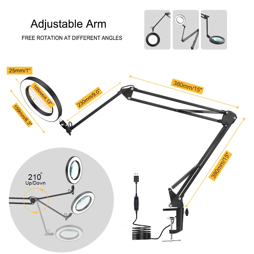 Lâmpada de lupa com alça longa dobrável, lupa com luz LED, Lupa para reparo, trabalho e mesa de leitura, 3 cores, 8W, 5X, 10X