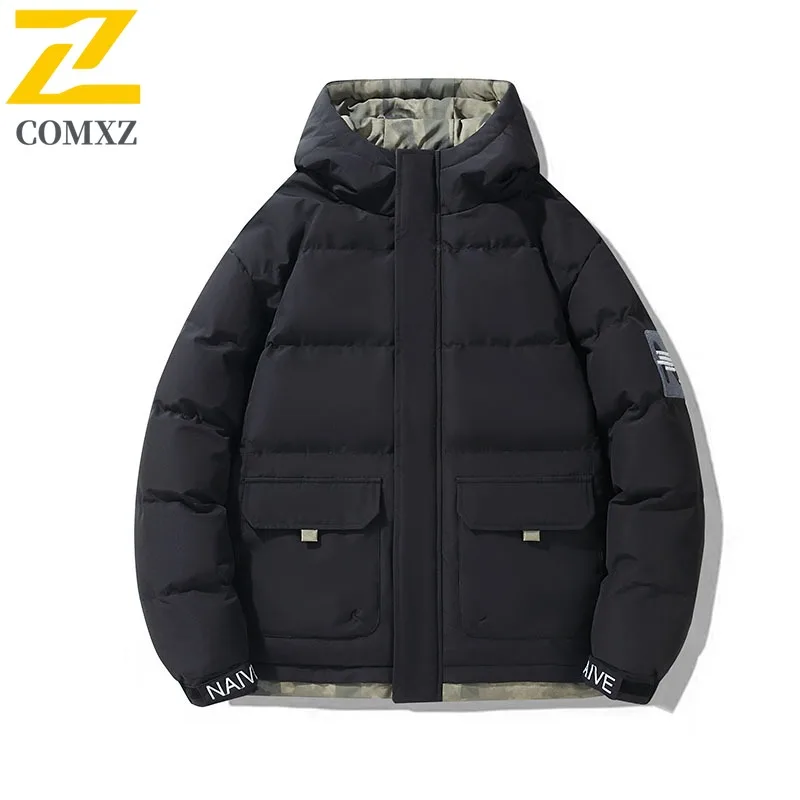 COMXZ الرجال الشتاء Preppy سترة مقنعين قسط جديد تنوعا عادية التزلج التخييم الحشو معطف المشي يندبروف وسادة مبطنة