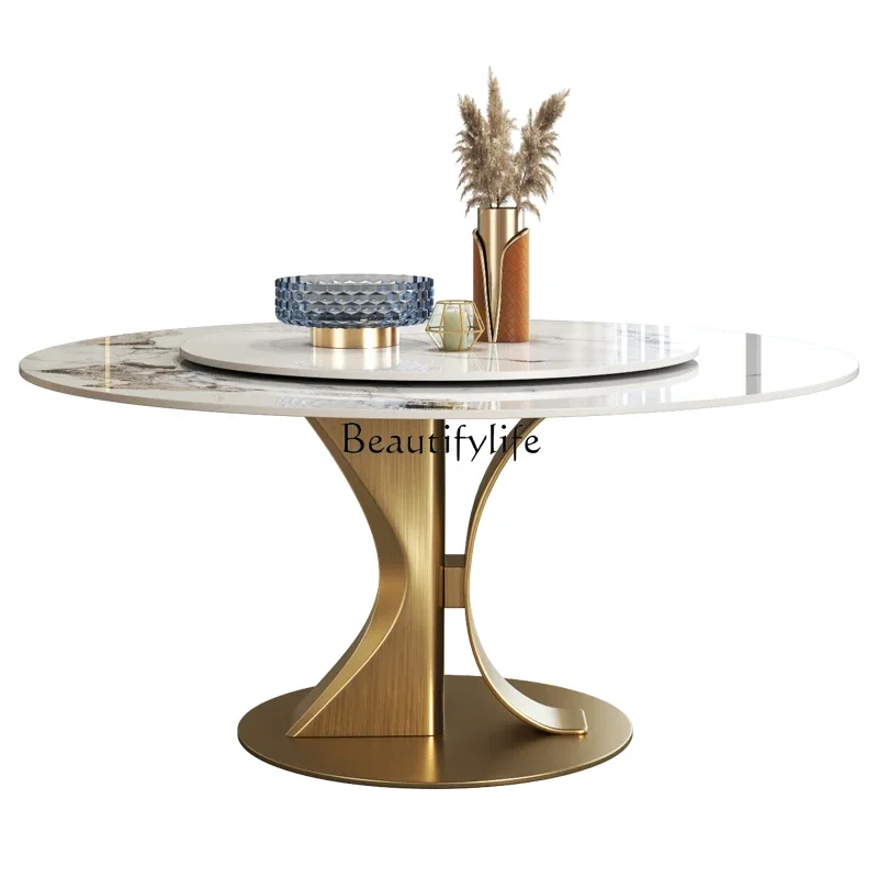 

Bright round rock slab dining table turntable light luxury modern simple rock slab round table