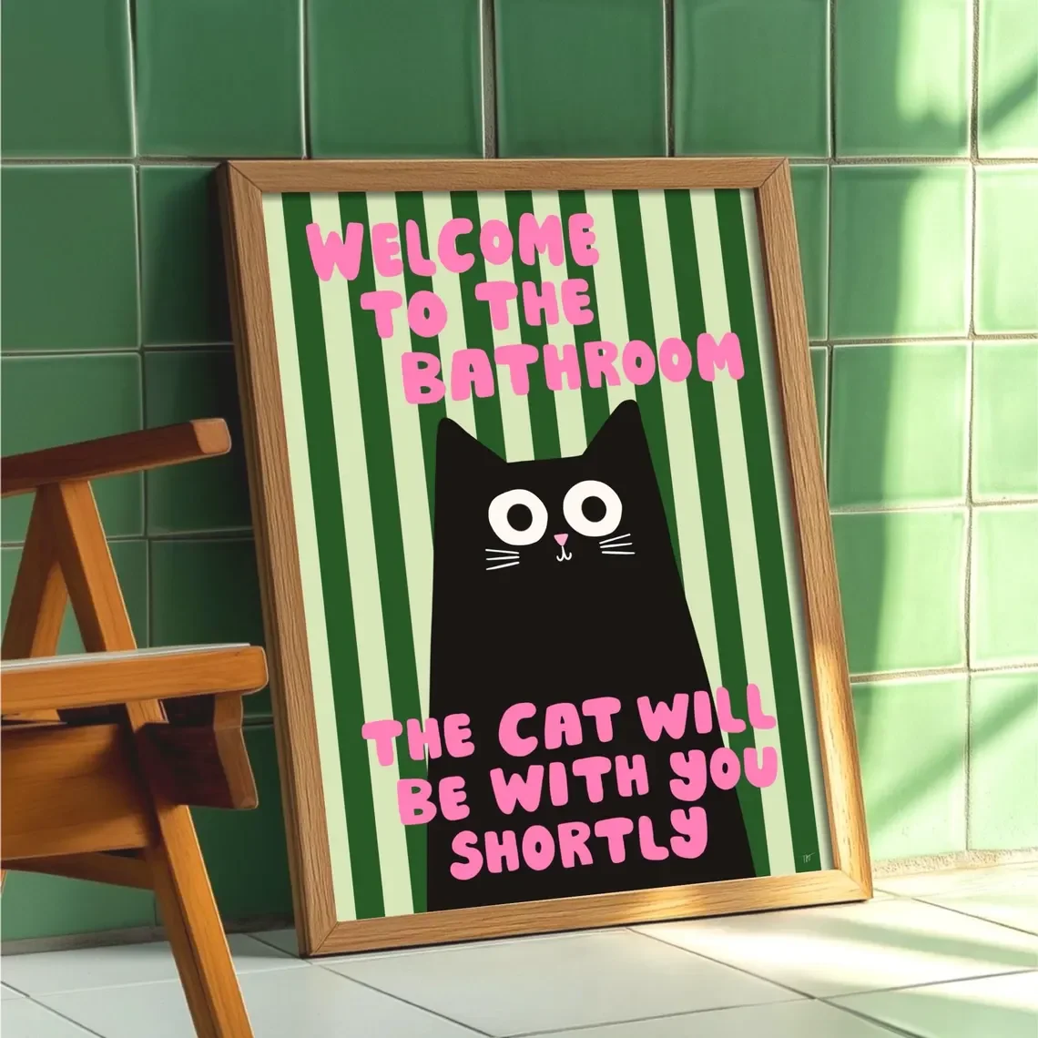 "Playful Black Cat Bathroom Wall Art – ‘Welcome to the Bathroom’ Striped Poster with Vibrant Pink & Green Colors, Perfect Whimsi image 2