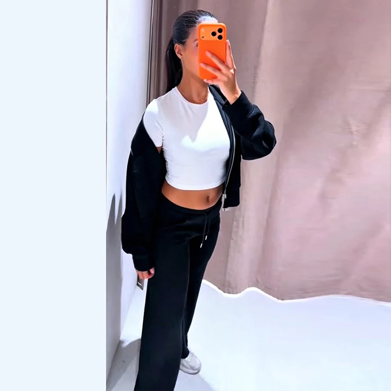 Damen-Hosen-Sets mit Kapuze, Langarm-Reißverschluss, Oversize-Mäntel, Kordelzug-Taille, Schlaghosen, Frühling-Herbst, schicke neue Outfits für Damen – Detail 25