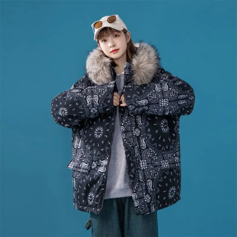 Y2k Fur Collar Retro Printed Hooded Parkas Women Oversize Winter Coat Flower Jacket 4XL Casual Comfortable Warm Fashion Overcoat