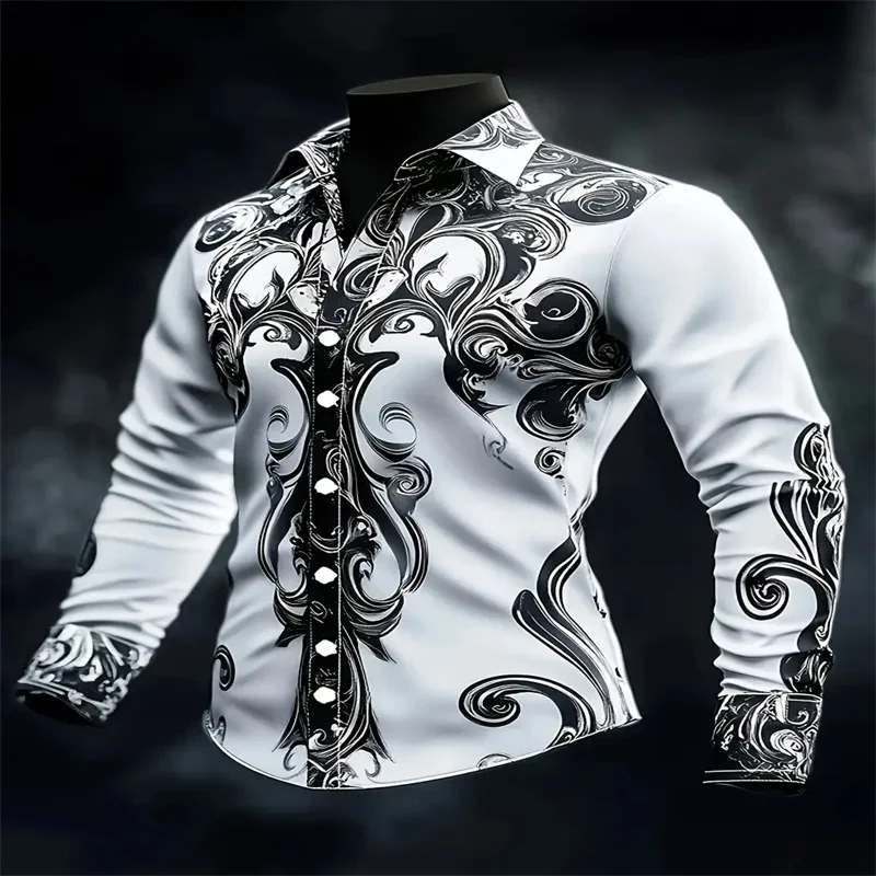 Men's Fashion Printed Shirt Retro Style Printed Men's Casual Button Long Sleeve Shirt, Men's Wear, Men's Top Suitable for All Se