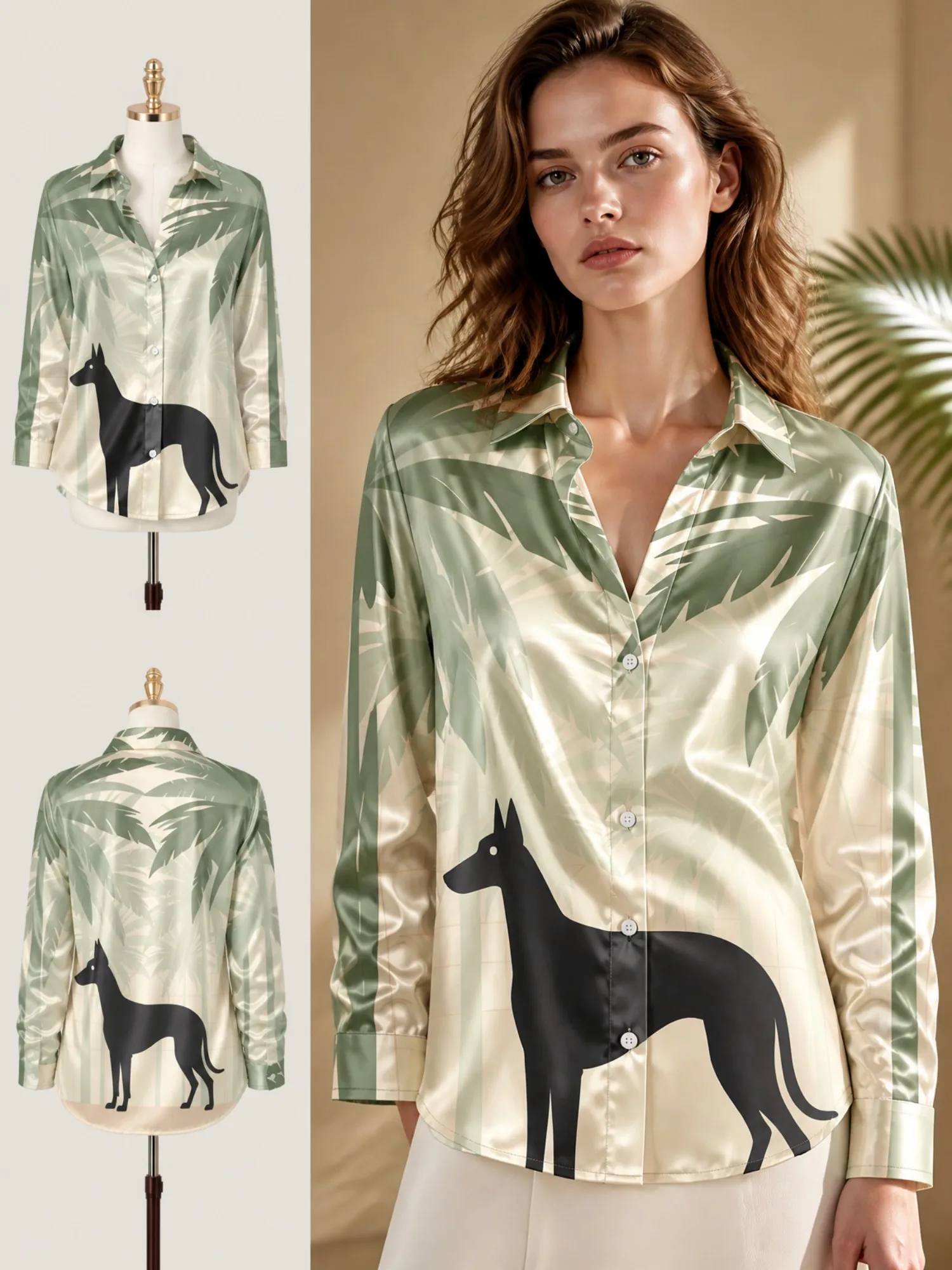 

Sage Greyhound Satin Button Shirt for Women Palm Leaf Dog Silhouette Print Long Sleeve Blouse Minimal Casual Fashion Top