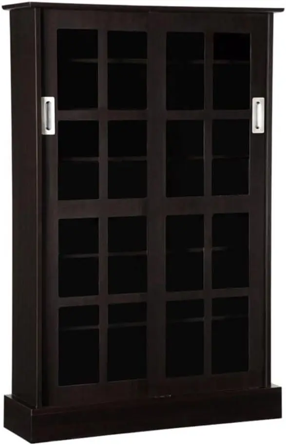 Windowpane Media Storage Cabinet with Tempered Glass Pane Styled Sliding Doors, Holds CD, DVD or Blu-ray Media, Collectables or