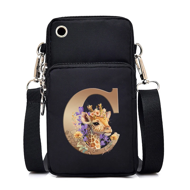 Cartoon Giraffe 26 Alphabet A-Z Print Women Mobile Phone Bag Plant Style Flower Giraffe Sport Arm Bag Purses Shoulder Handbags